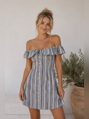 Thread Story Black and White Striped Off-Shoulder A-Line Dress